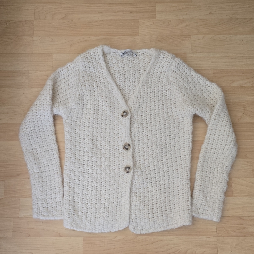 Zara Cream Chunky Knit Button Cardigan Button Fron Cozy Sweater Size S